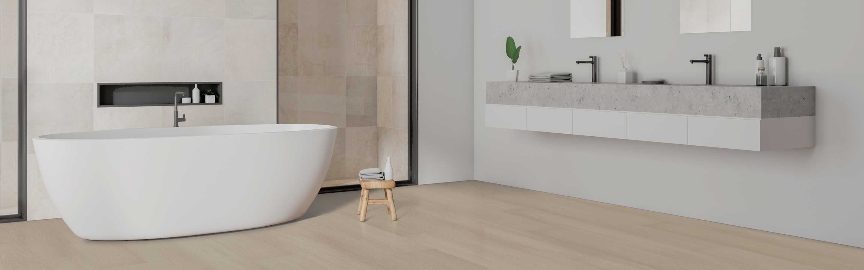 waterproof wood look light wood flooring in bathroom with soaker tub with ambient lighting